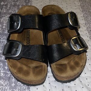 Birkenstock Black Leather Sandals with Silver Buckles